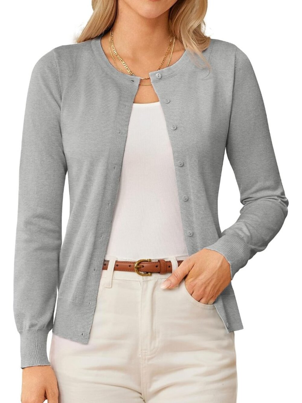 🆕Women's Light Grey Lightweight Knit Cardigan Sweater Crew Neck Button Front